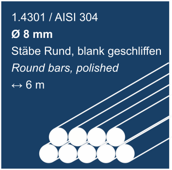 Edelstahlstäbe, geschliffen, aus 1.4301 (304), 8 mm Durchmesser, 6000 mm lang, auf blauem Hintergrund abgebildet